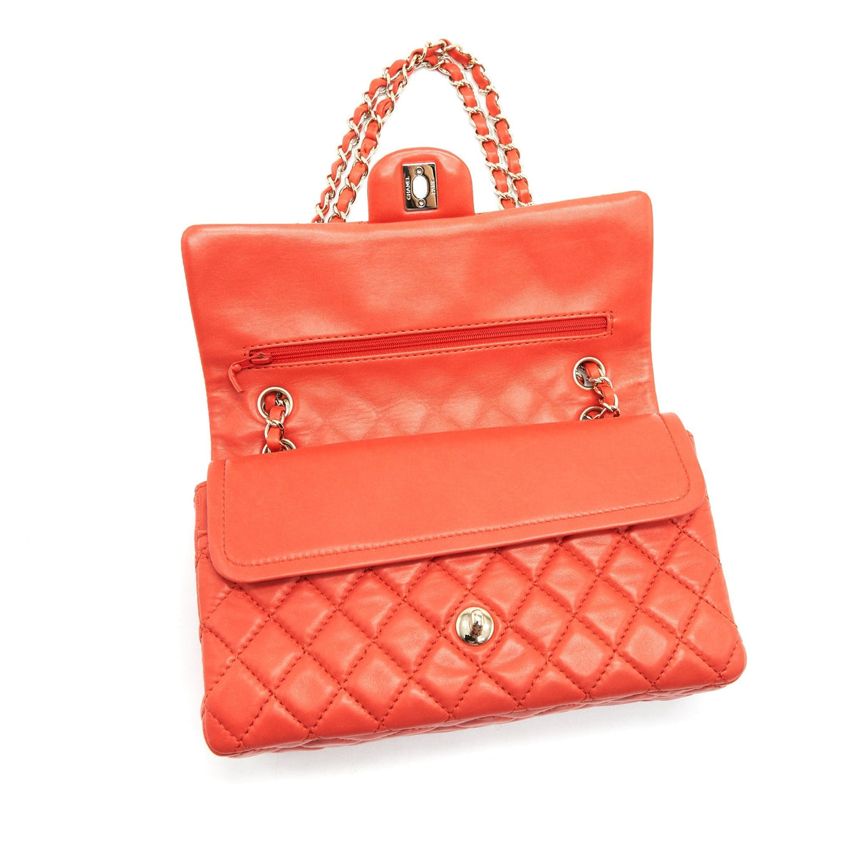 CHANEL CLASSIC MEDIUM DOUBLE FLAP LAMBSKIN IN CORAL LGHW