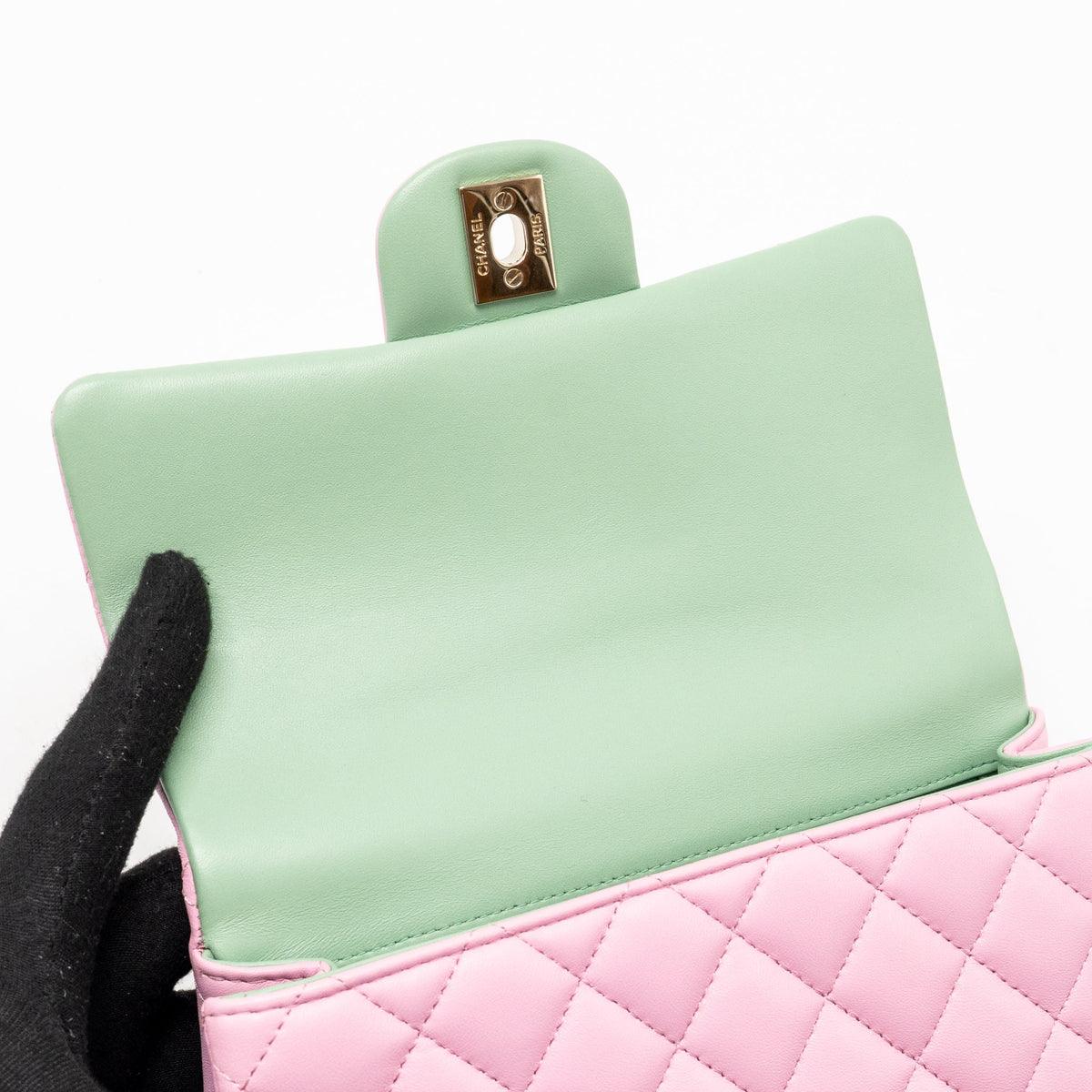 Chanel Top Handle Mini Rectangular Flap Bag Lambskin pink / Light Green LGHW (Microchip)