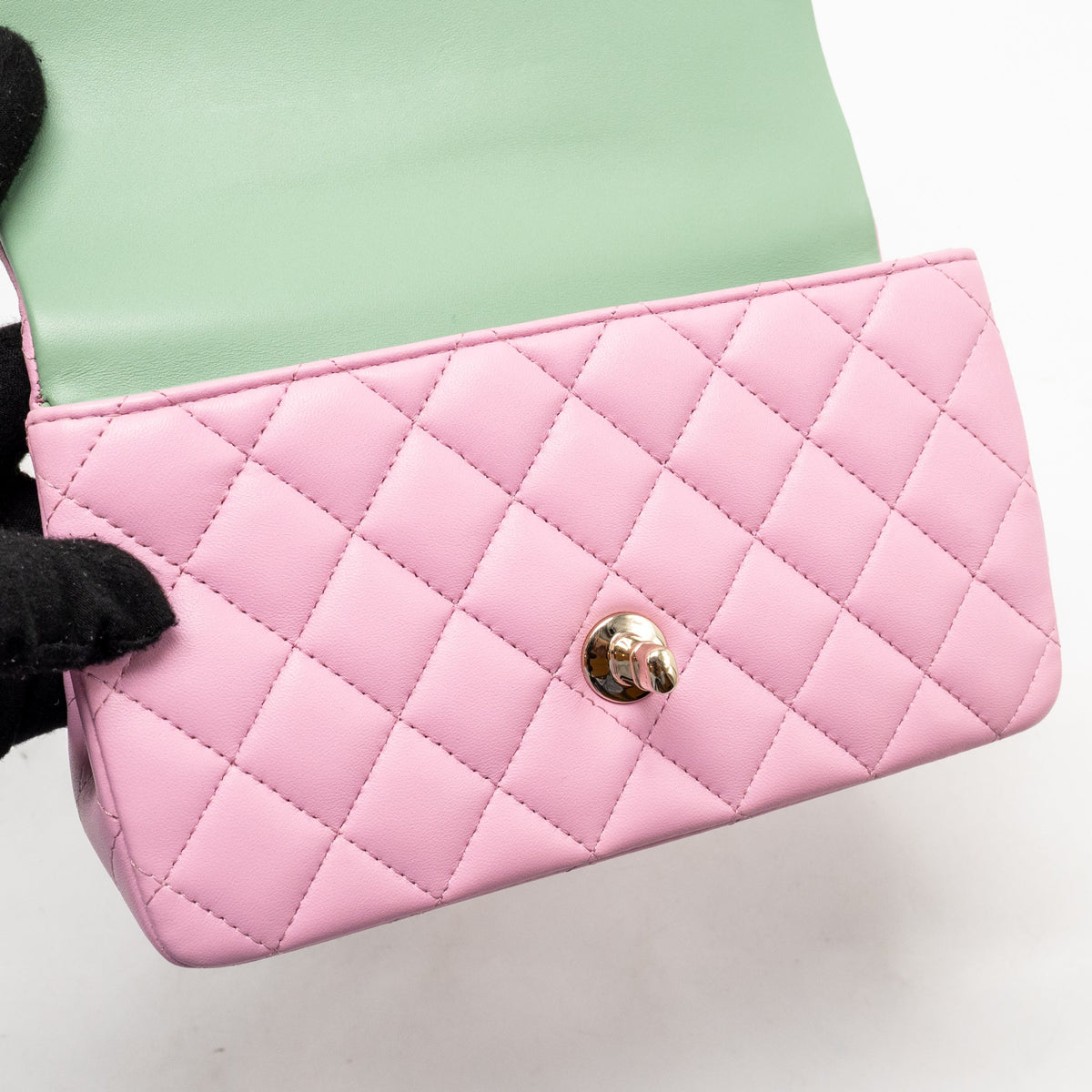 Chanel Top Handle Mini Rectangular Flap Bag Lambskin pink / Light Green LGHW (Microchip)