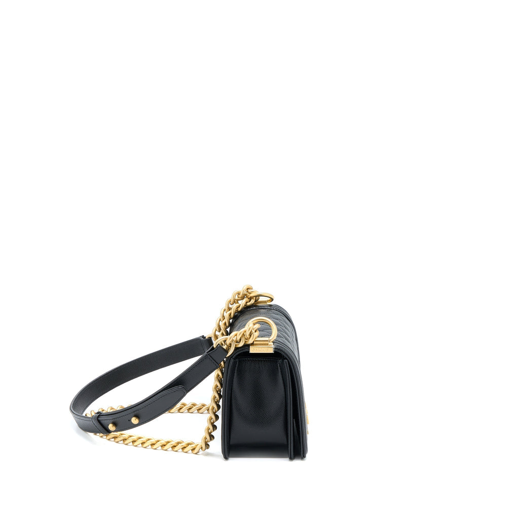 CHANEL SMALL BOY BAG CAVIAR BLACK BRUSHED GHW (MICROCHIP)
