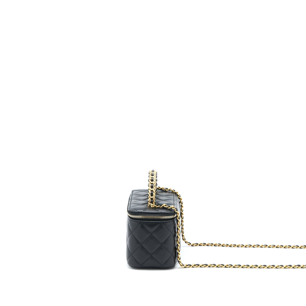 CHANEL LEATHER CHAIN TOP HANDLE LONG VANITY LAMBSKIN BLACK GHW