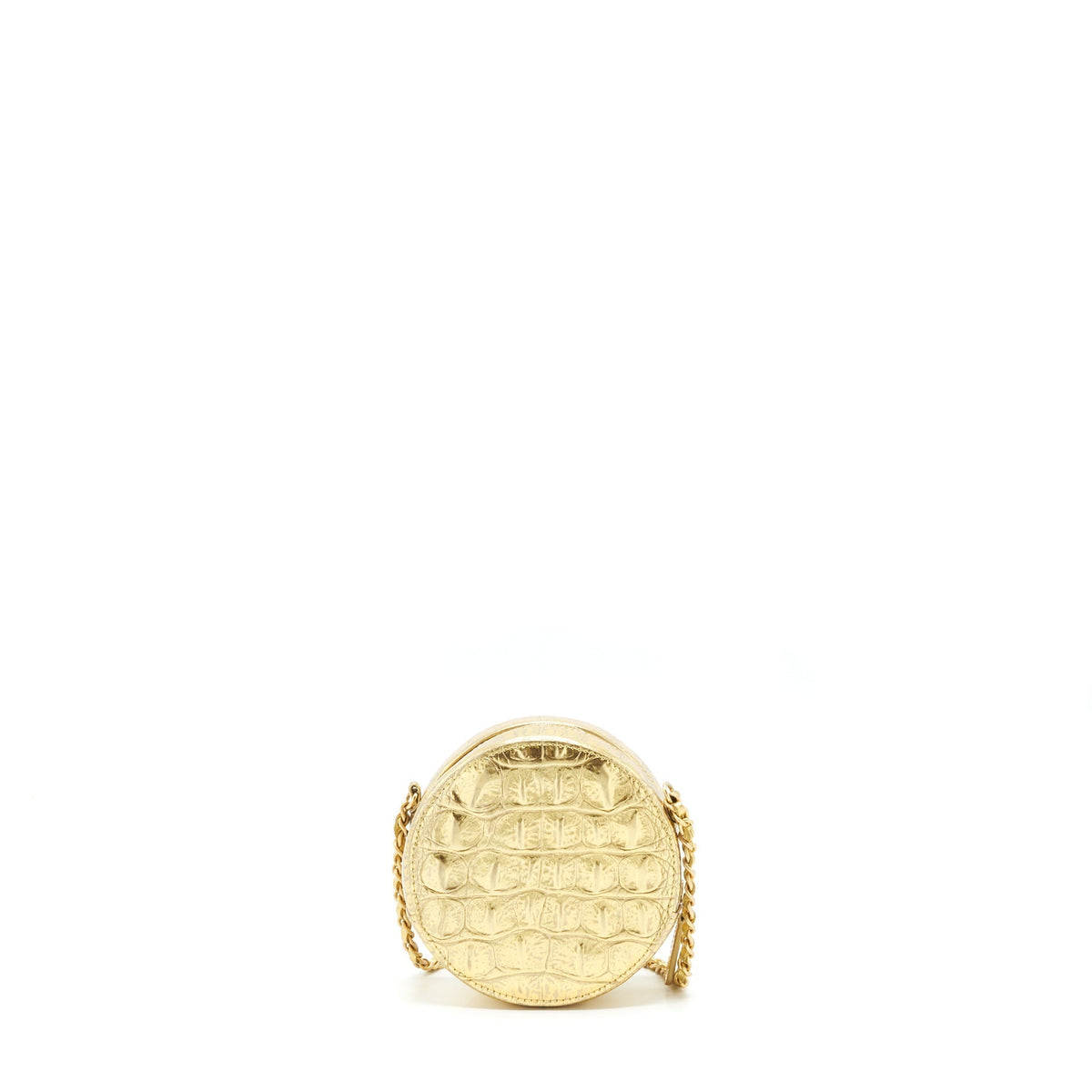 CHANEL MINI ROUND VANITY WITH CHAIN CROC EMBOSSED LEATHER GOLD GHW