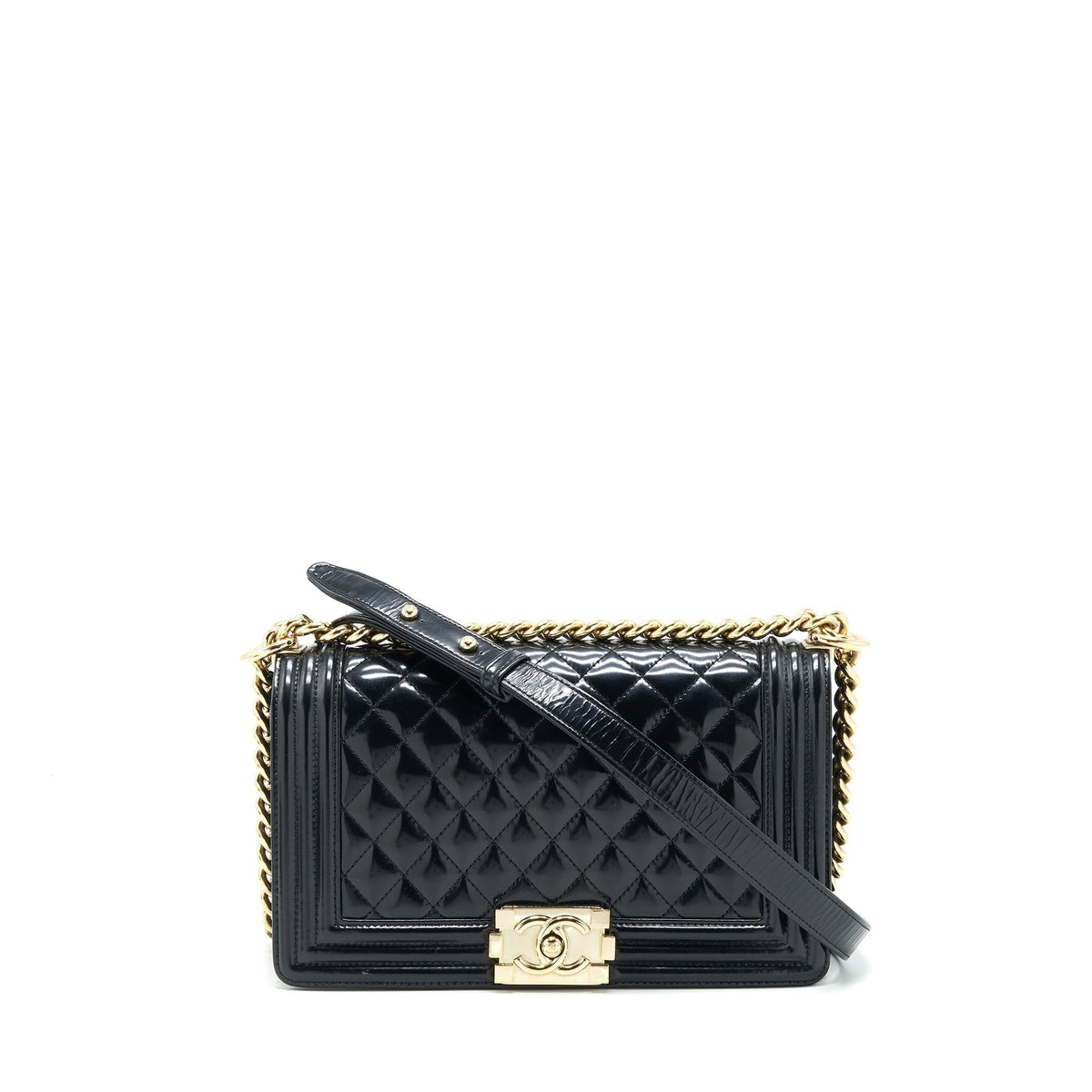 CHANEL MEDIUM LE BOY PATENT LEATHER BLACK LGHW