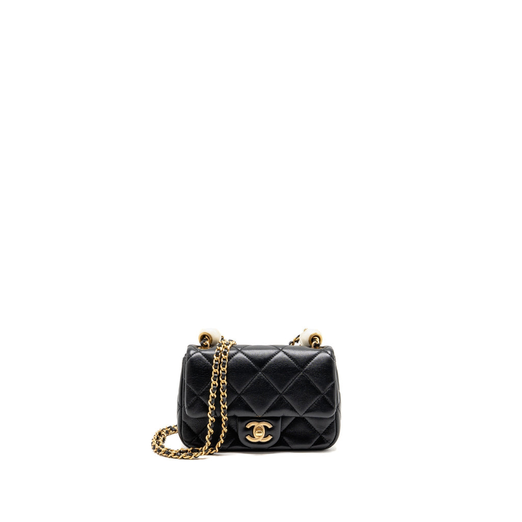 Chanel CC Mini Flap Bag with Adjustable Pearls Chain Lambskin Black GHW (Microchip)