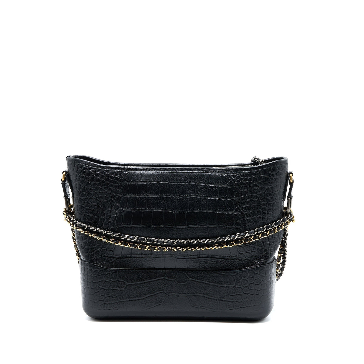 CHANEL LARGE GABRIELLE HOBO BAG CROC EMBOSSED CALFSKIN WITH LOGO STRAP BLACK MULTICOLOURED HARDWARE