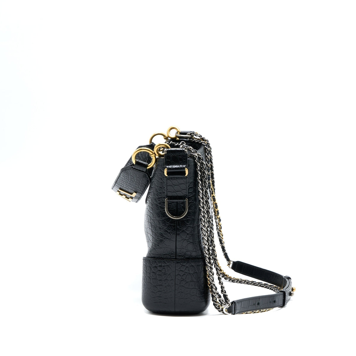 CHANEL LARGE GABRIELLE HOBO BAG CROC EMBOSSED CALFSKIN WITH LOGO STRAP BLACK MULTICOLOURED HARDWARE