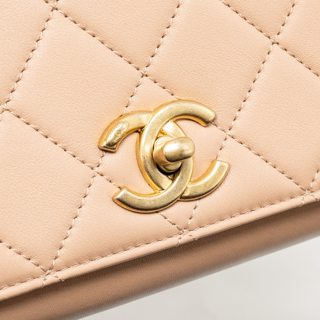 Chanel Pearl Chain Flap Bag Calfskin Beige GHW (Microchip)