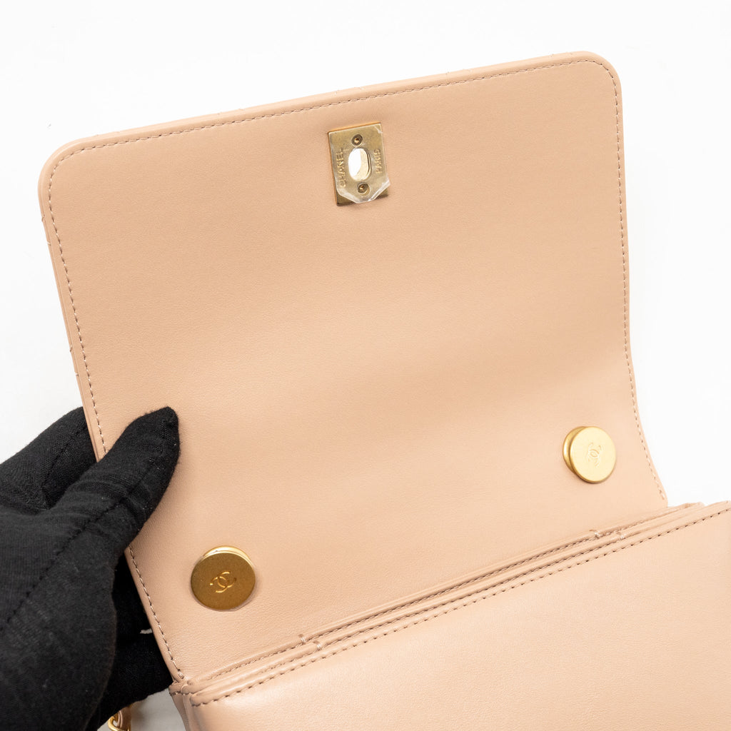 Chanel Pearl Chain Flap Bag Calfskin Beige GHW (Microchip)