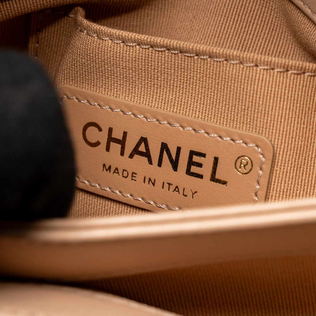 Chanel Pearl Chain Flap Bag Calfskin Beige GHW (Microchip)