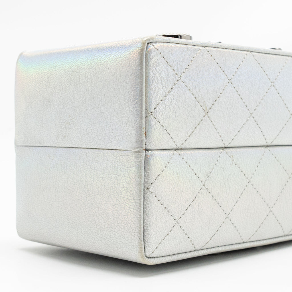 Chanel 14K limited edition Minaudiere runway lait de coco milk carton evening chain bag goatskin iridescent silver shiny ruthenium hardware