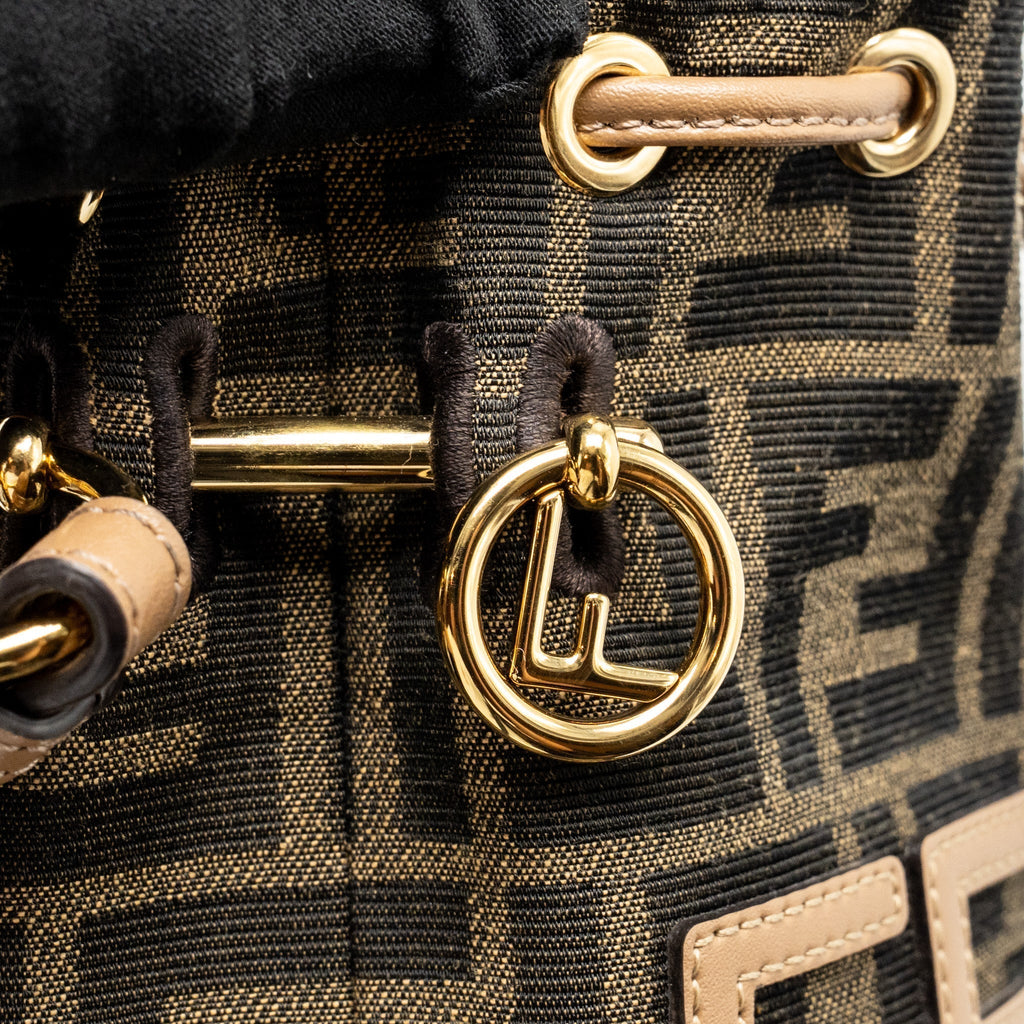 FENDI MINI MON TRESOR BUCKET BAG FF JACQUARD RAFFIA/FABRIC/CALFSKIN BROWN GHW