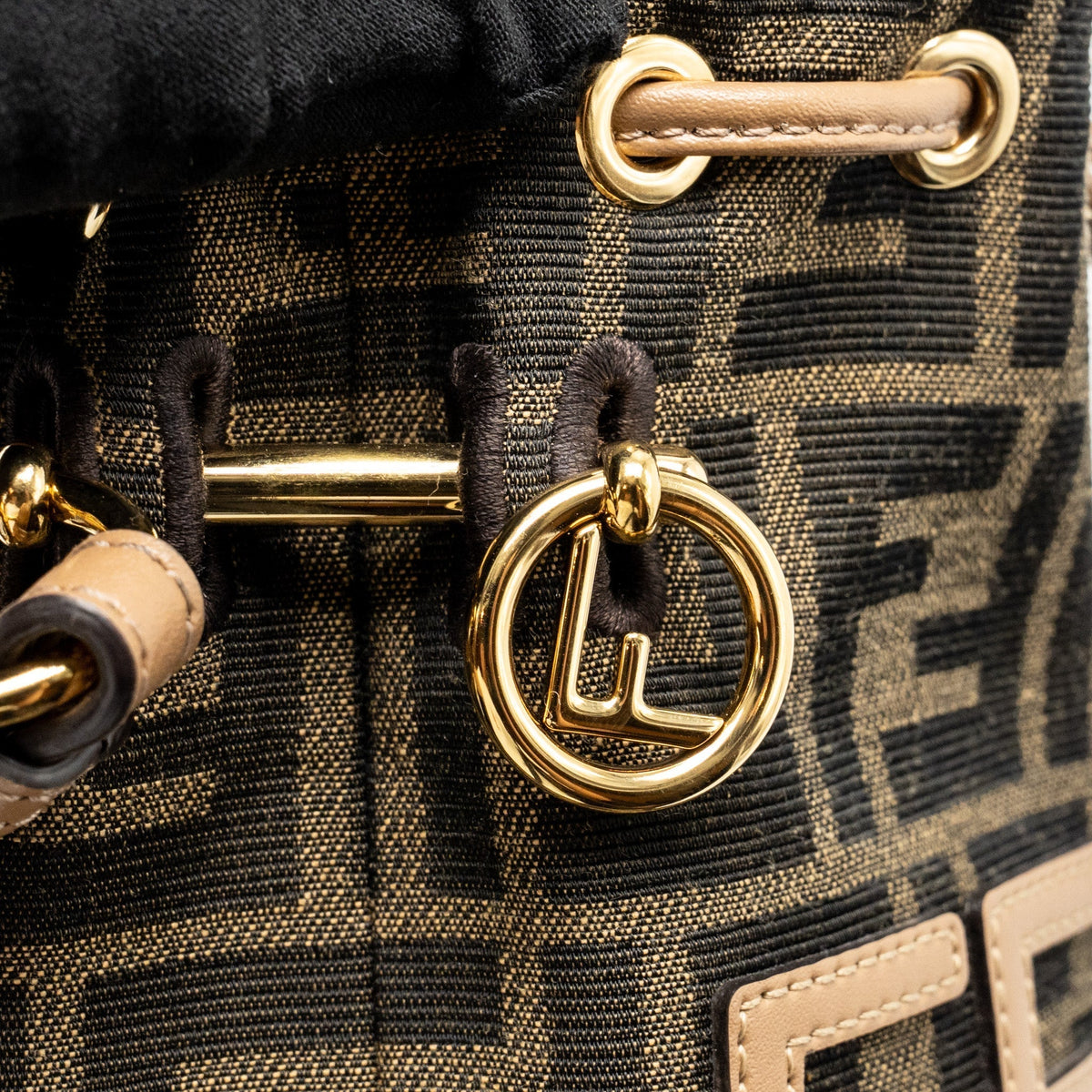 FENDI MINI MON TRESOR BUCKET BAG FF JACQUARD RAFFIA/FABRIC/CALFSKIN BROWN GHW