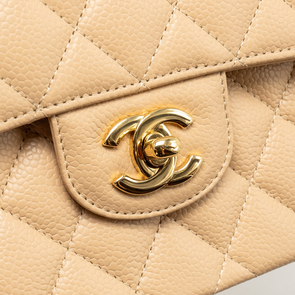 CHANEL SMALL CLASSIC DOUBLE FLAP BAG CAVIAR BEIGE GHW (MICROCHIP)
