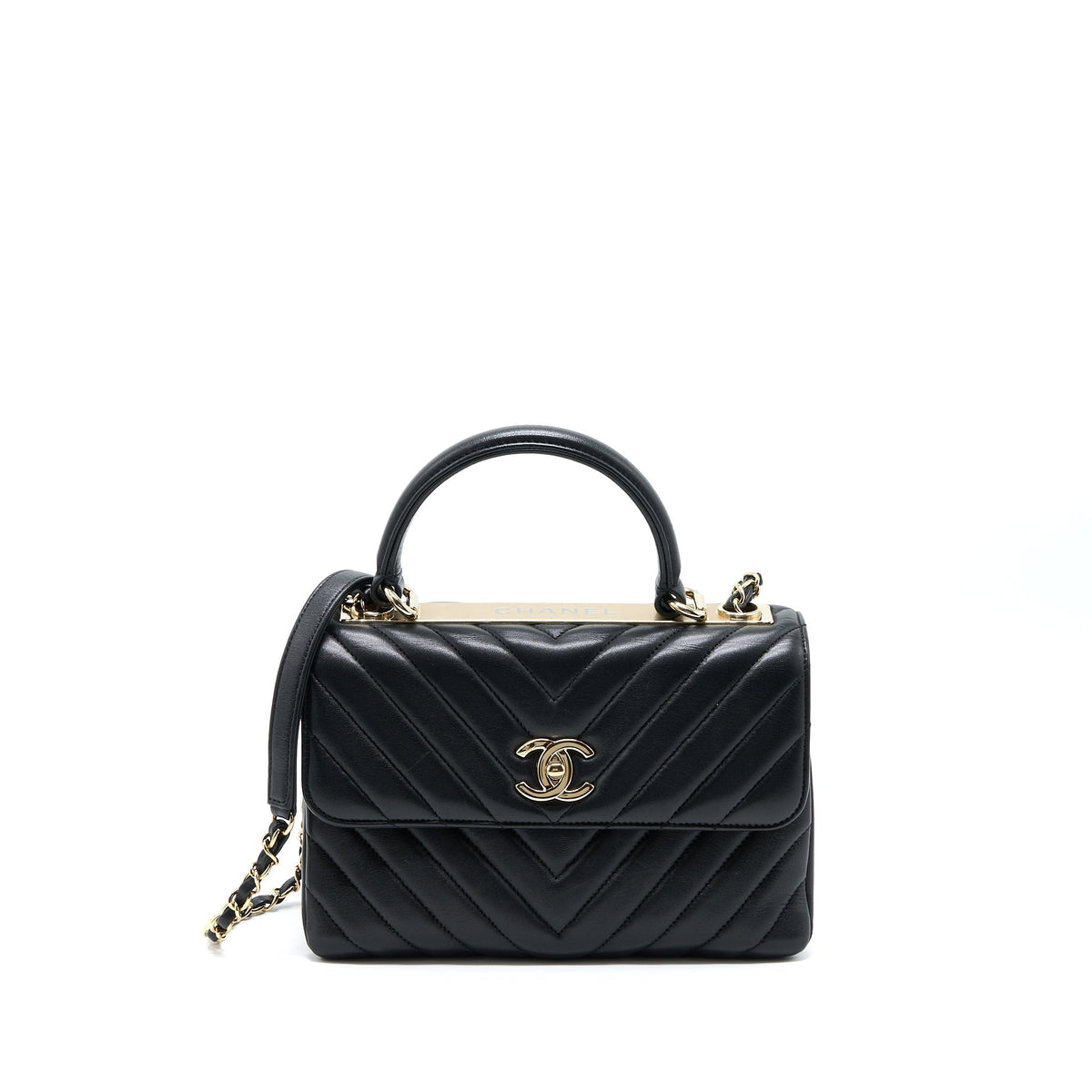 CHANEL CHEVRON TRENDY CC TOP HANDLE FLAP BAG LAMBSKIN BLACK LGHW