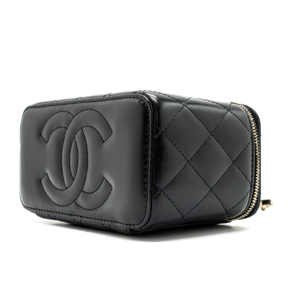 CHANEL LONG VANITY CASE WITH CHARMS CHAIN CALFSKIN BLACK LGHW (MICROCHIP)