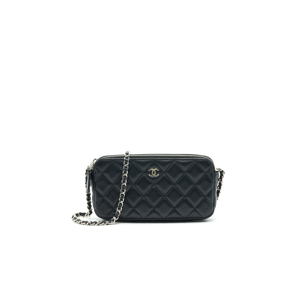 CHANEL DOUBLE ZIP CLUTCH WITH CHAIN LAMBSKIN BLACK SHW