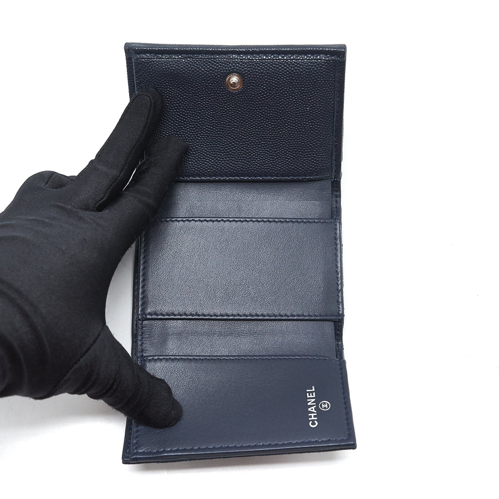 CHANEL SMALL COMPACT WALLET CAVIAR LEATHER INDIGO SHW