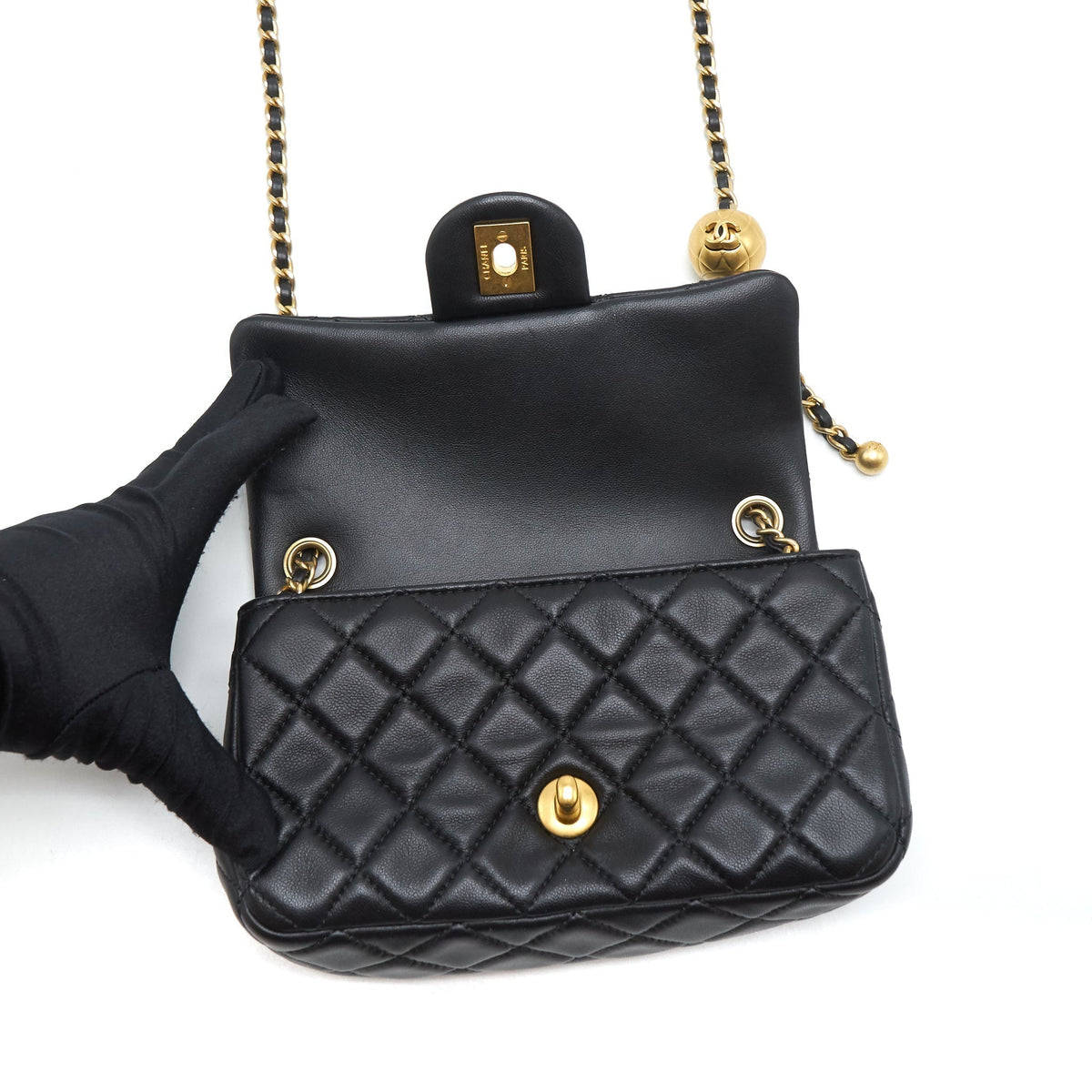 CHANEL PEARL CRUSH MINI RECTANGULAR FLAP BAG LAMBSKIN BLACK GHW
