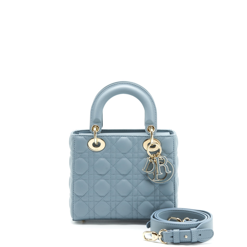 DIOR SMALL LADY DIOR LAMBSKIN CLOUD BLUE M81B LIGHT GOLD AND ENAMEL HARDWARE