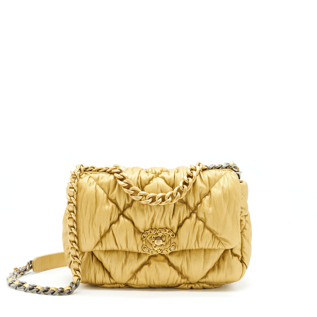 CHANEL SMALL 19 BAG LIMITED EDITION LAMBSKIN GOLD WITH GOLD/SILVER HARDWARE(MICROCHIP)