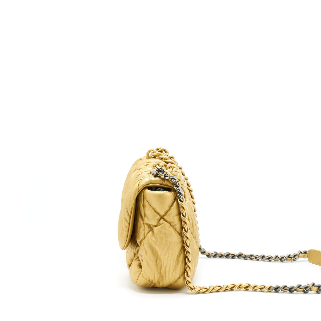 CHANEL SMALL 19 BAG LIMITED EDITION LAMBSKIN GOLD WITH GOLD/SILVER HARDWARE(MICROCHIP)