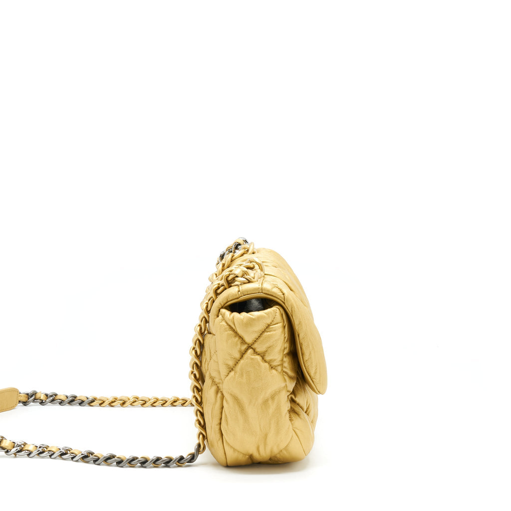 CHANEL SMALL 19 BAG LIMITED EDITION LAMBSKIN GOLD WITH GOLD/SILVER HARDWARE(MICROCHIP)