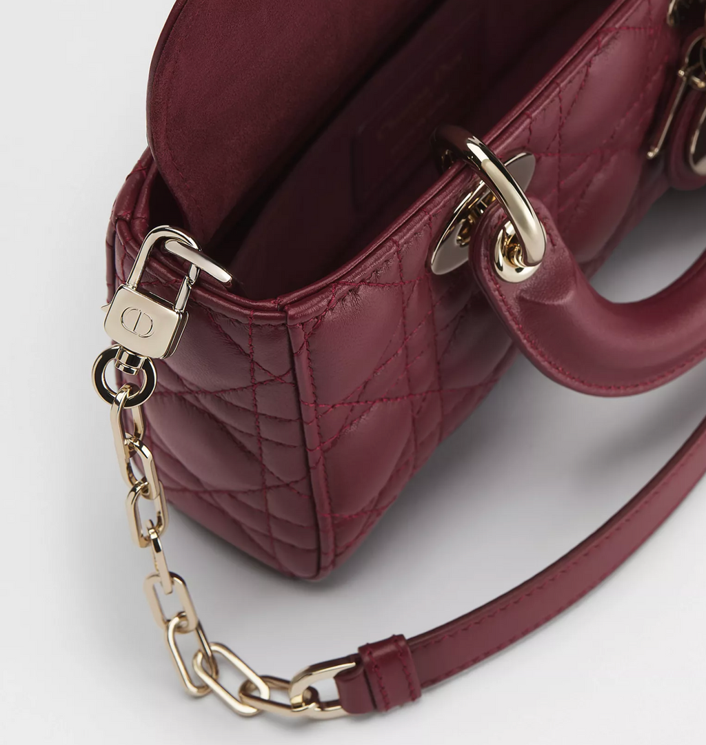 DIOR SMALL LADY D-JOY BAG CANNAGE LAMBSKIN HERMITAGE RED CANNAGE LGHW