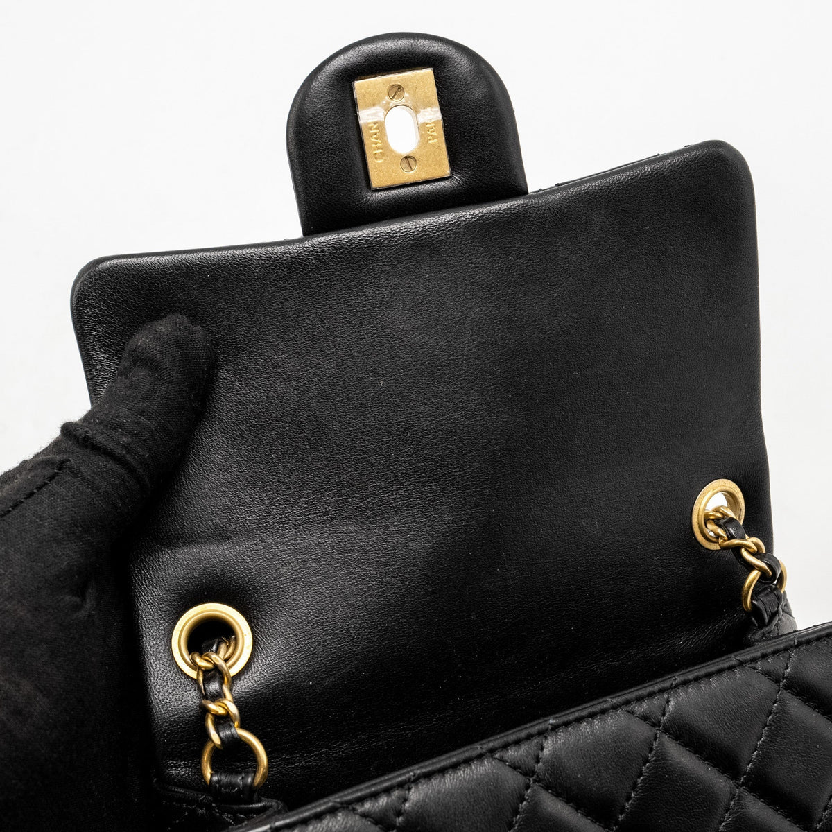 CHANEL PEARL CRUSH MINI SQUARE FLAP BAG LAMBSKIN BLACK GHW