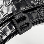 BALENCIAGA XS HOURGLASS CROC-EMBOSSED CALFSKIN SO BLACK