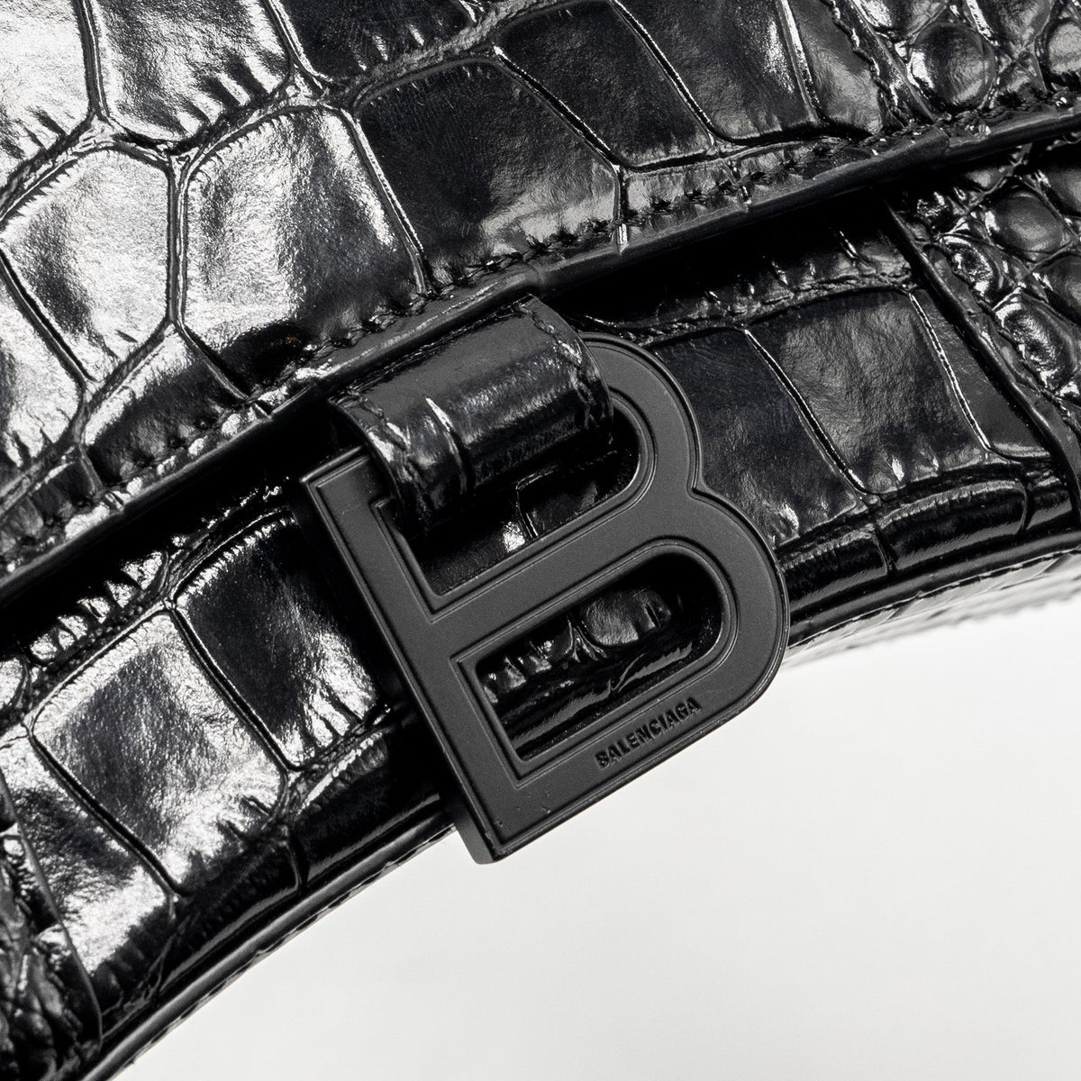 BALENCIAGA XS HOURGLASS CROC-EMBOSSED CALFSKIN SO BLACK