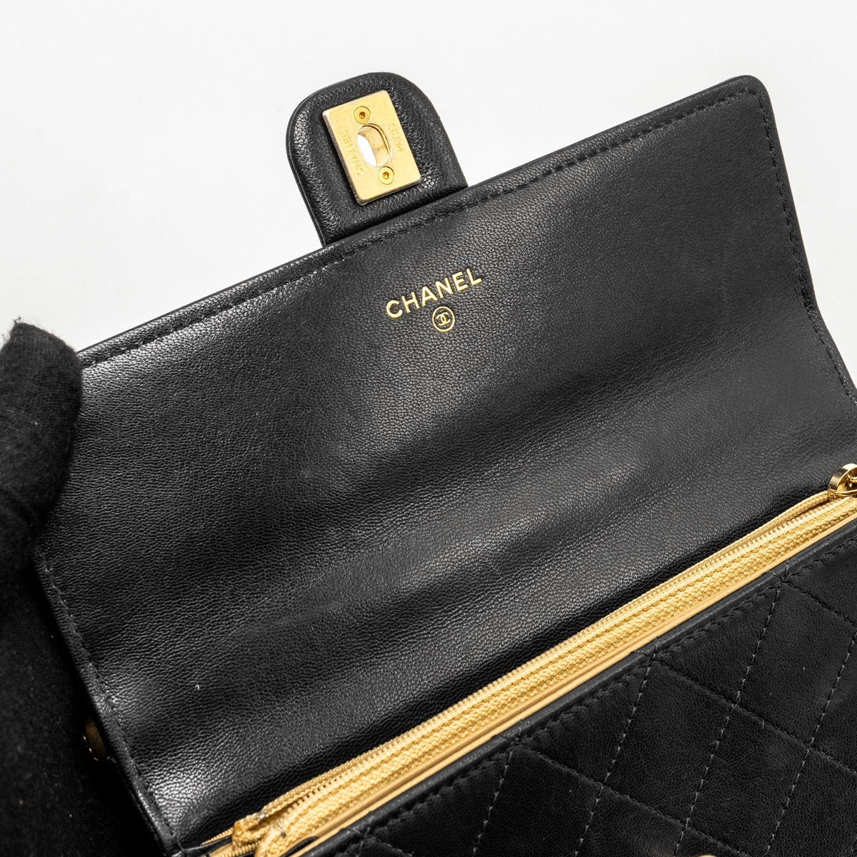 CHANEL QUILTED PEARL LONG WALLET ON CHAIN GOATSKIN BLACK GHW