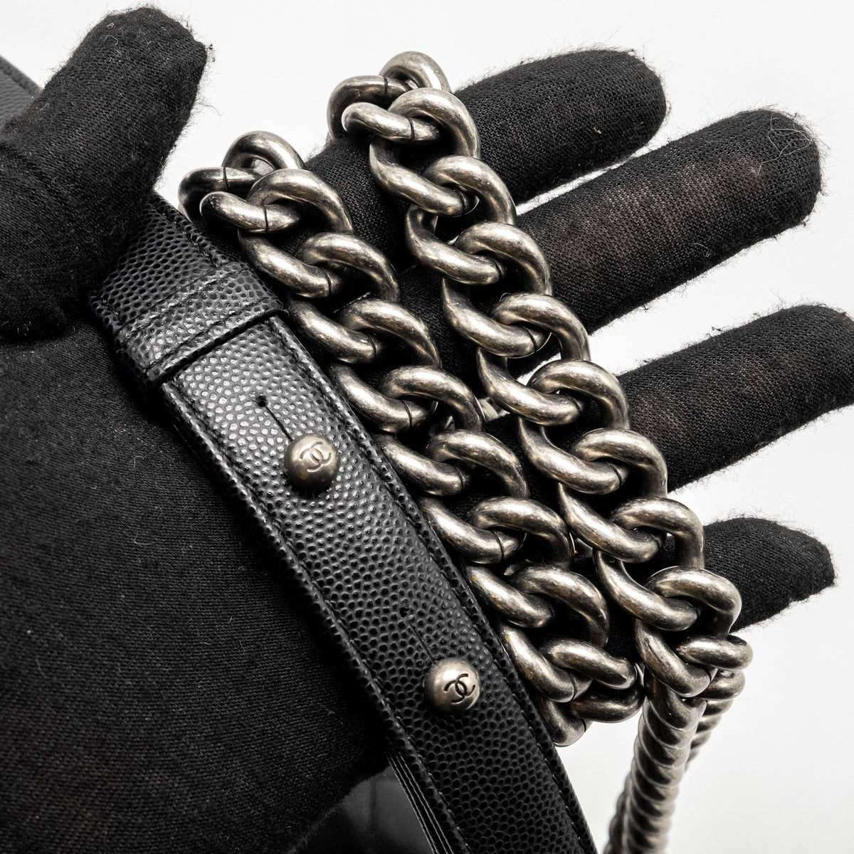 CHANEL MEDIUM BOY BAG CAVIAR BLACK RUTHENIUM SILVER HARDWARE (MICROCHIP)