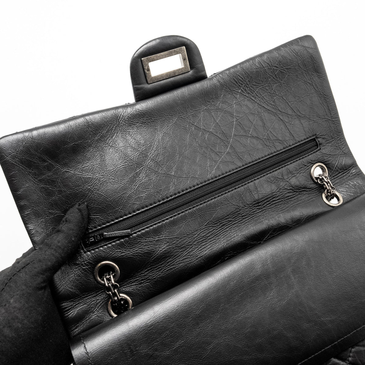 CHANEL 2.55 227 REISSUE FLAP BAG AGED CALFSKIN BLACK RUTHENIUM HARDWARE