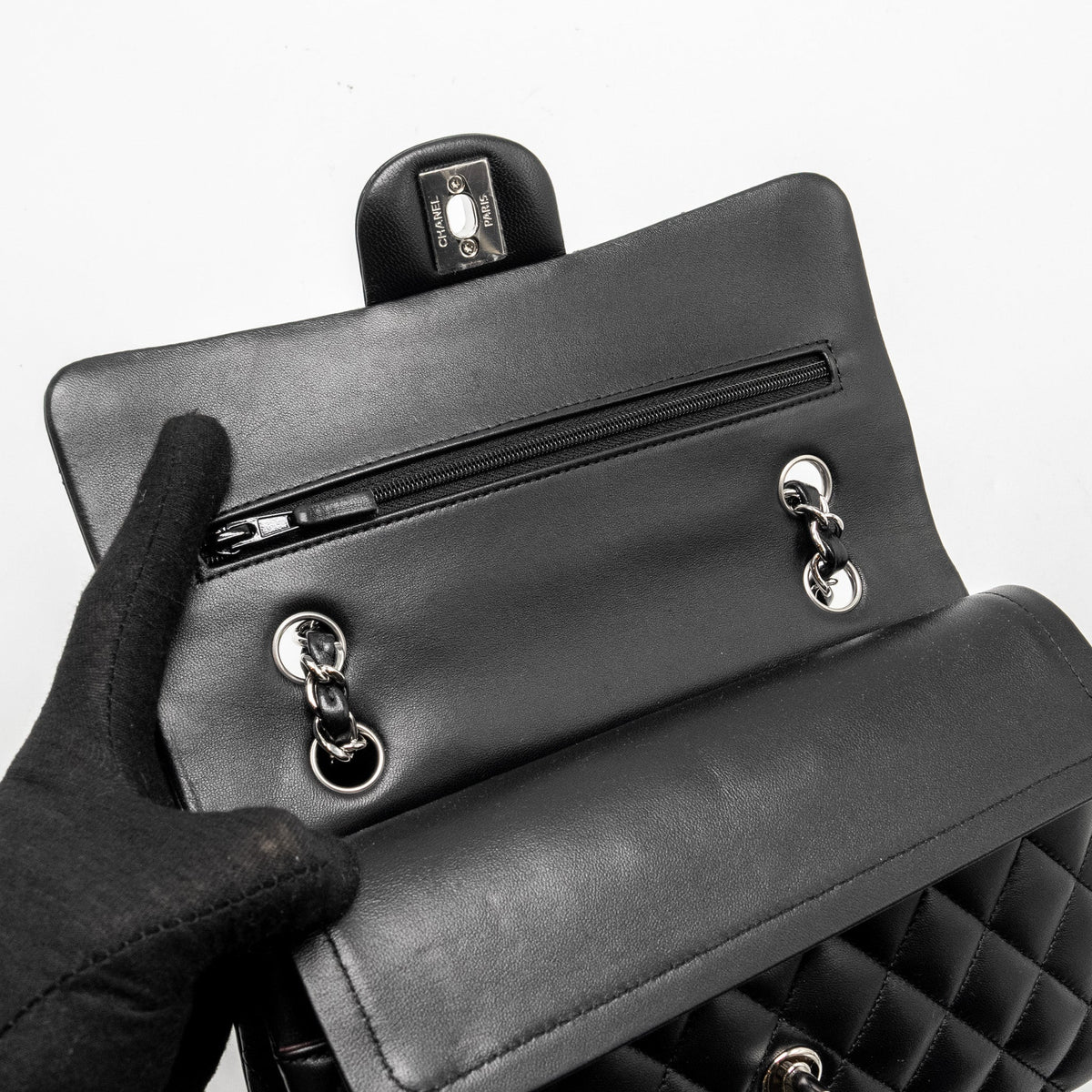 CHANEL SMALL CLASSIC DOUBLE FLAP BAG LAMBSKIN BLACK SHW (MICROCHIP)