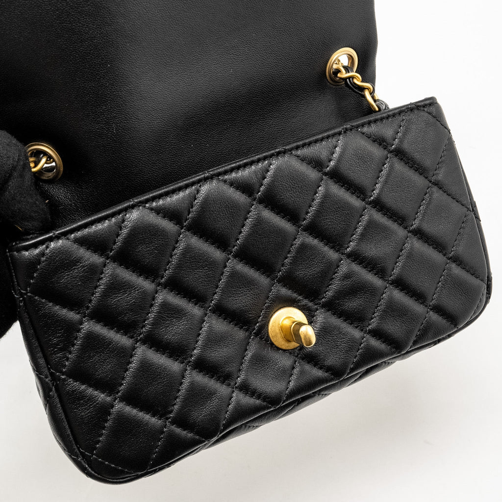 CHANEL PEARL CRUSH MINI RECTANGULAR FLAP BAG LAMBSKIN BLACK GHW (MICROCHIP)