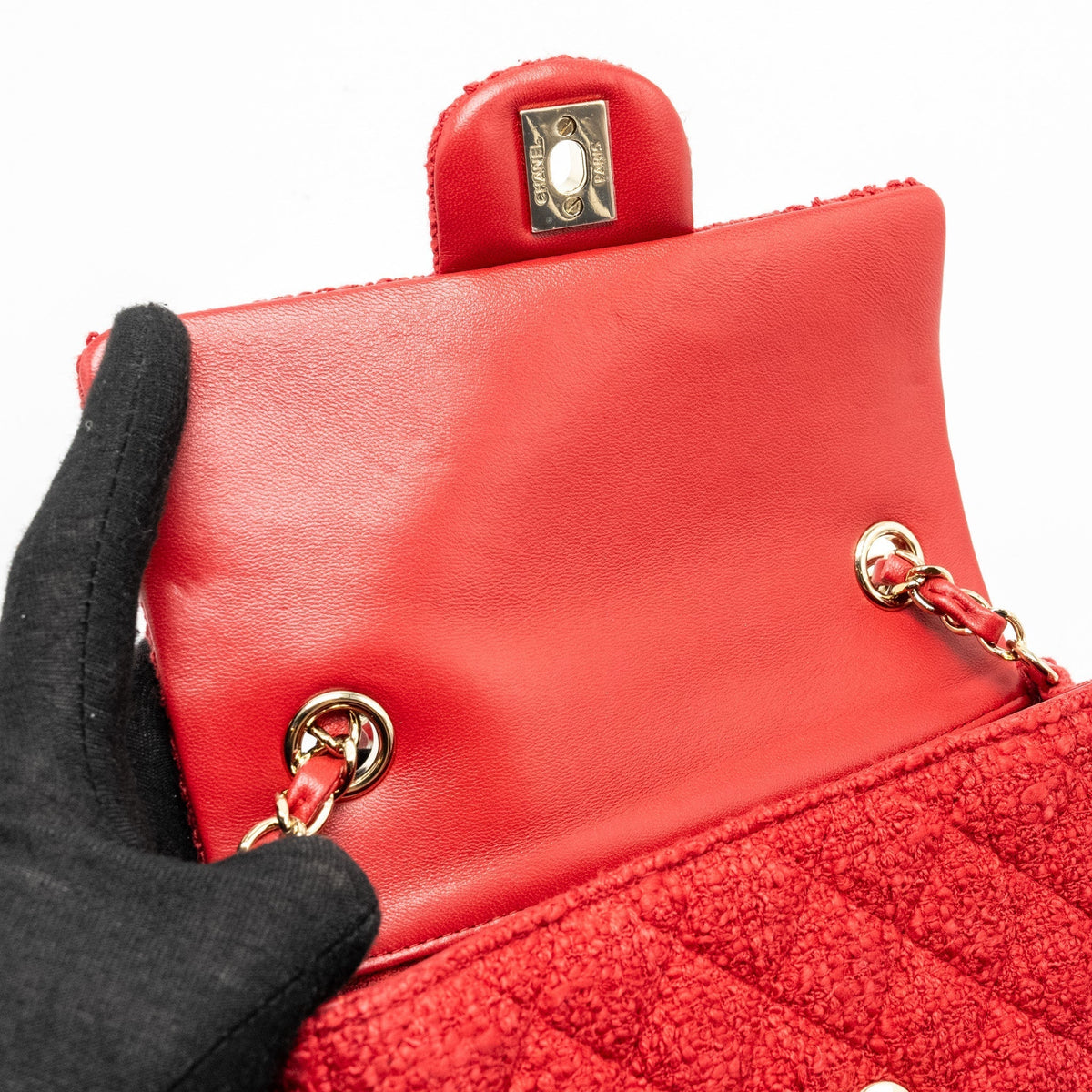 CHANEL MINI RECTANGULAR FLAP BAG TWEED RED LGHW (MICROCHIP)