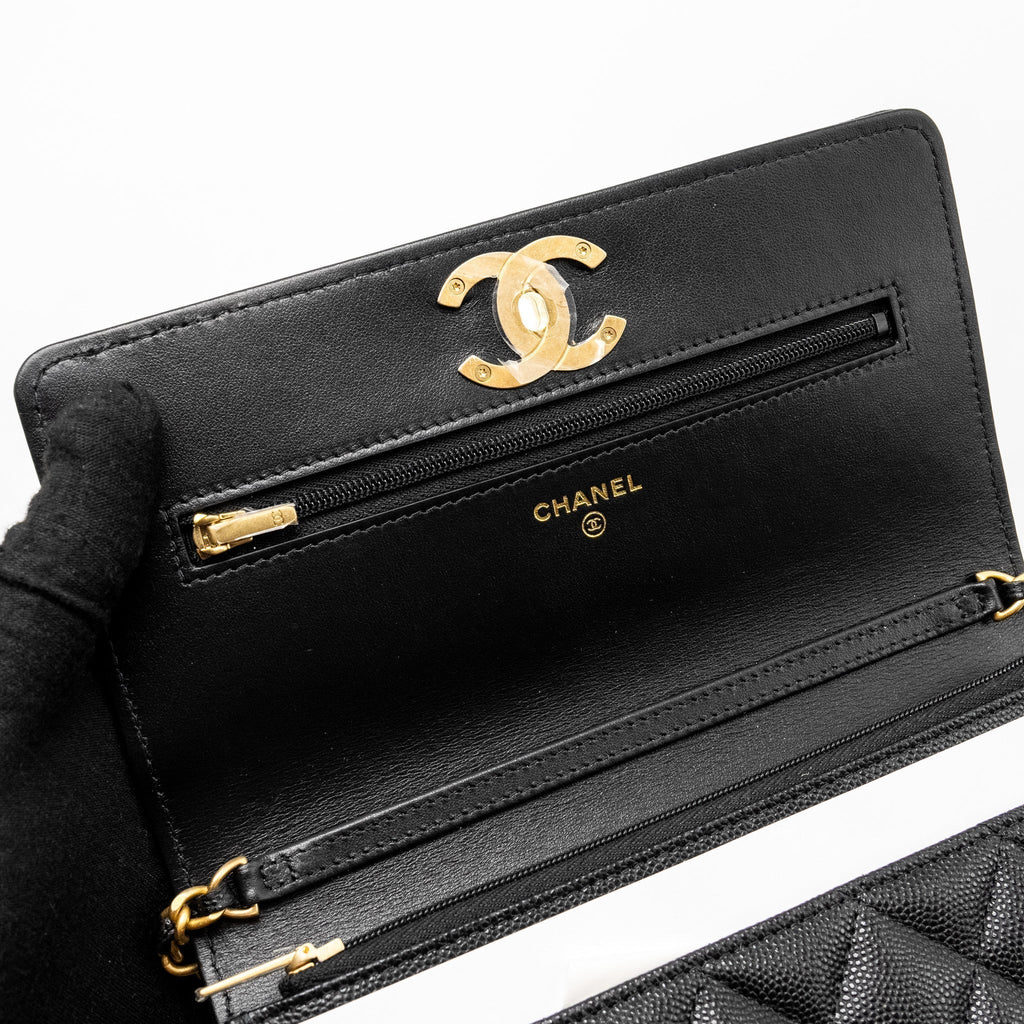 CHANEL CAMELLIA WALLET ON CHAIN CAVIAR BLACK GHW (MICROCHIP)