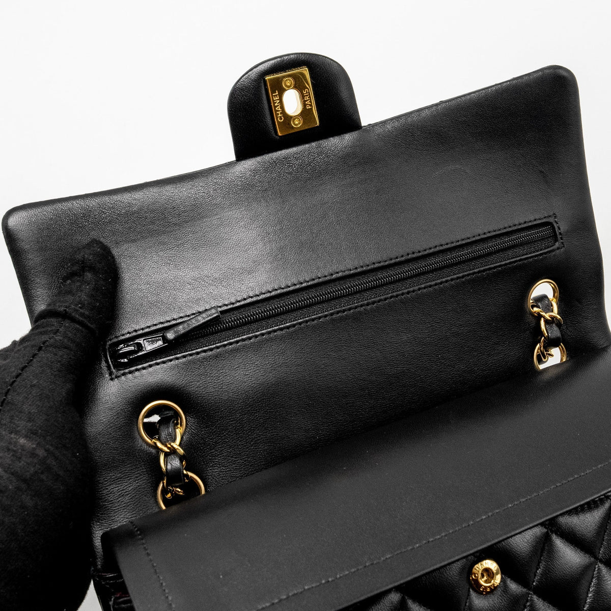 CHANEL MEDIUM CLASSIC DOUBLE FLAP BAG LAMBSKIN BLACK GHW (MICROCHIP)