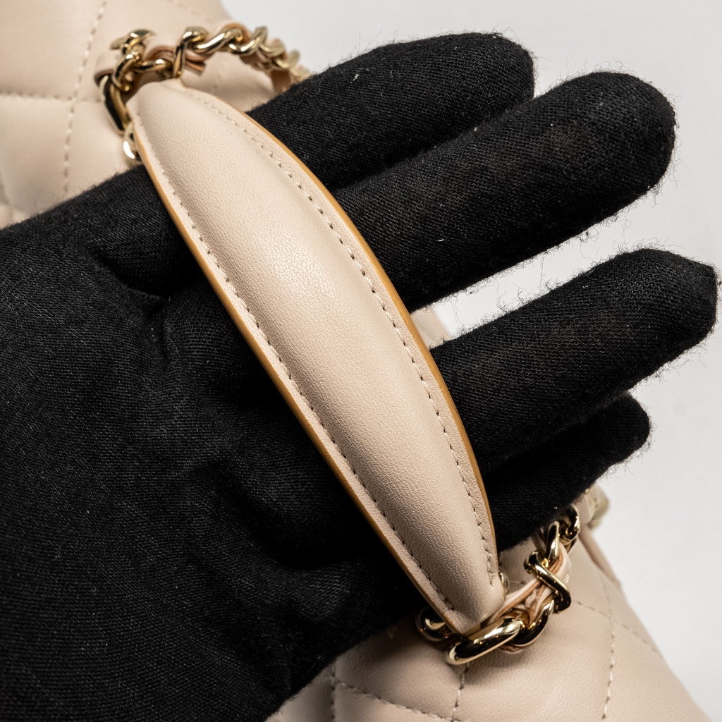 CHANEL TOP HANDLE MINI RECTANGULAR FLAP BAG LAMBSKIN ECRU/DARK BEIGE LGHW(MICROCHIP)