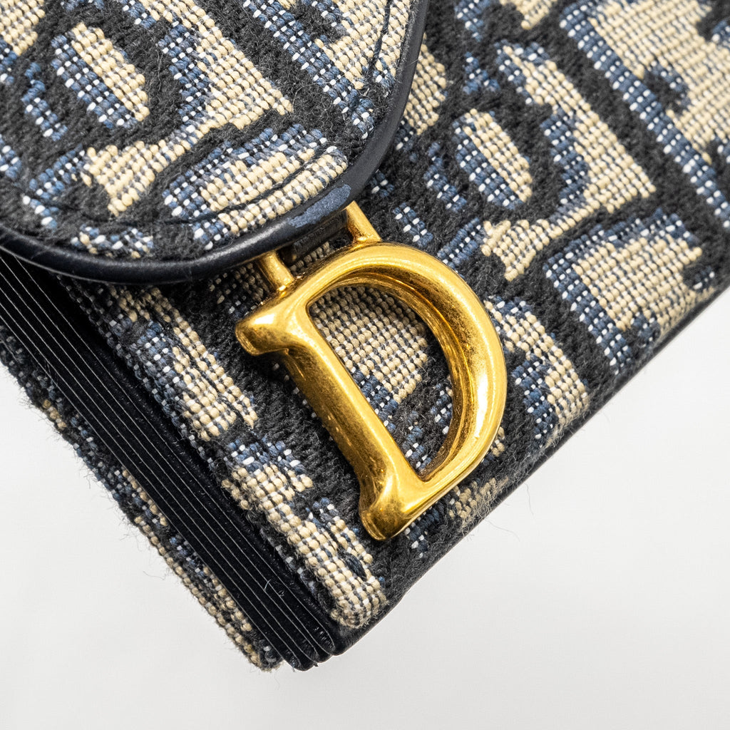 DIOR SADDLE LOTUS WALLET BLUE OBLIQUE JACQUARD GHW