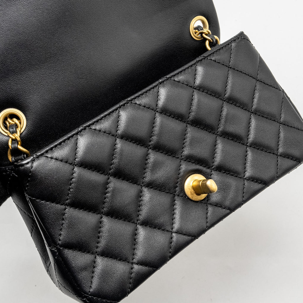 CHANEL PEARL CRUSH MINI RECTANGULAR FLAP BAG LAMBSKIN BLACK GHW (MICROCHIP)