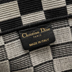 DIOR LARGE BOOK TOTE WHITE CHECKERED EMBROIDERED CANVAS BLACK / WHITE