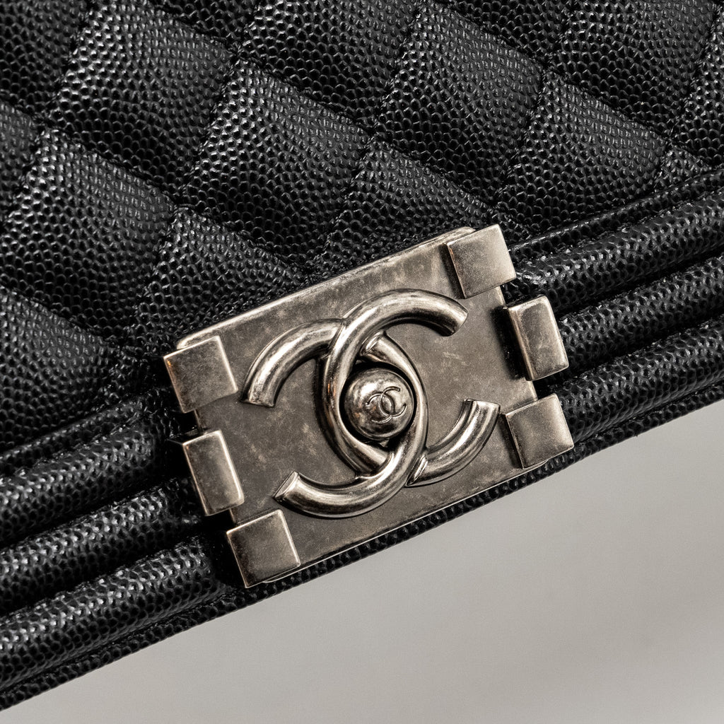 CHANEL MEDIUM BOY BAG CAVIAR BLACK RUTHENIUM HARDWARE (MICROCHIP)