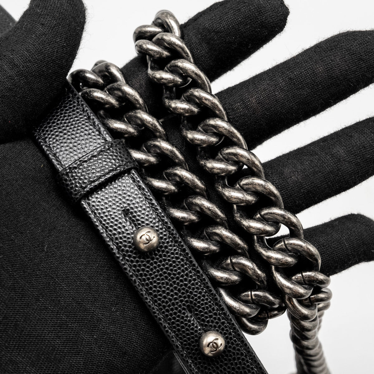 CHANEL MEDIUM BOY BAG CAVIAR BLACK RUTHENIUM HARDWARE (MICROCHIP)