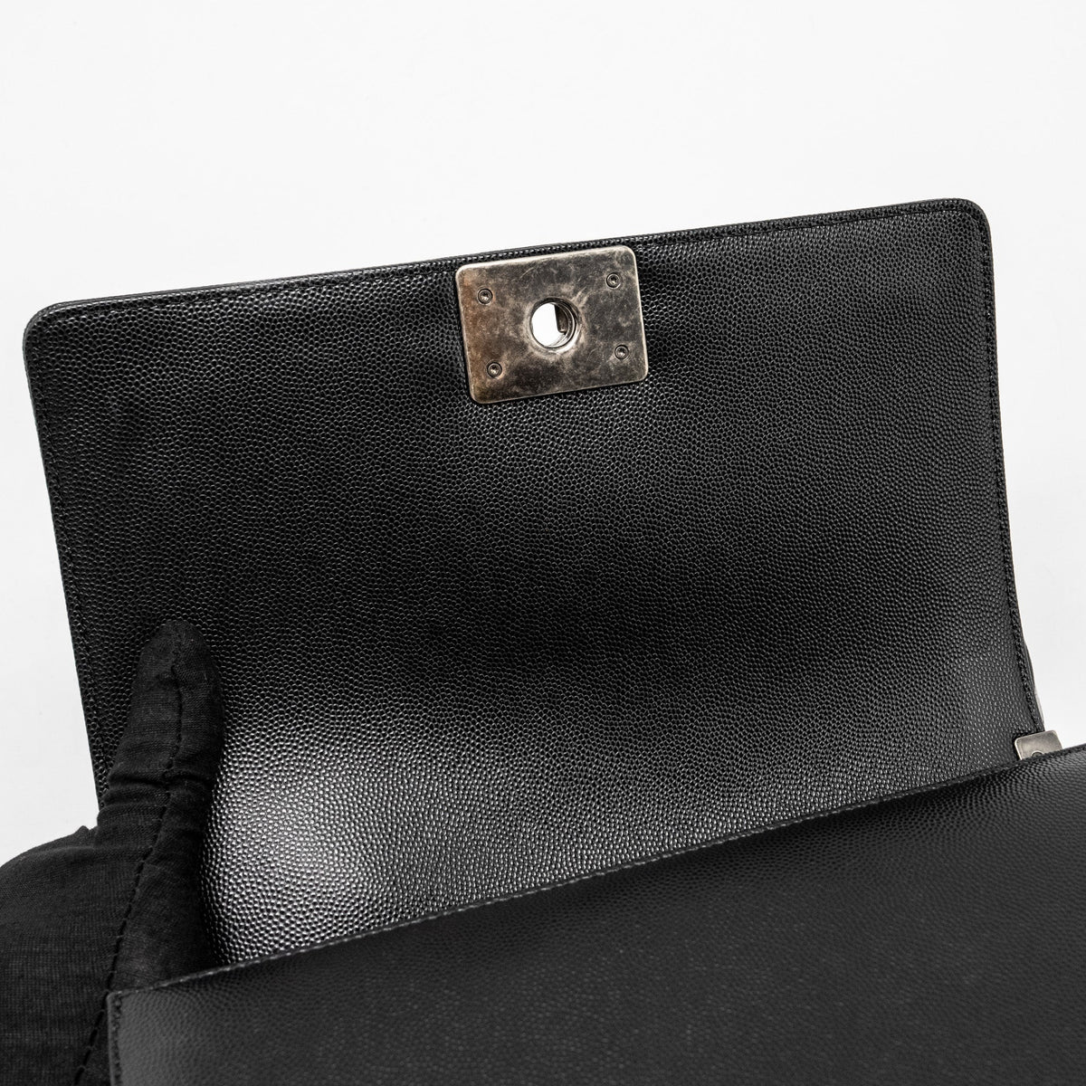 CHANEL MEDIUM BOY BAG CAVIAR BLACK RUTHENIUM HARDWARE (MICROCHIP)