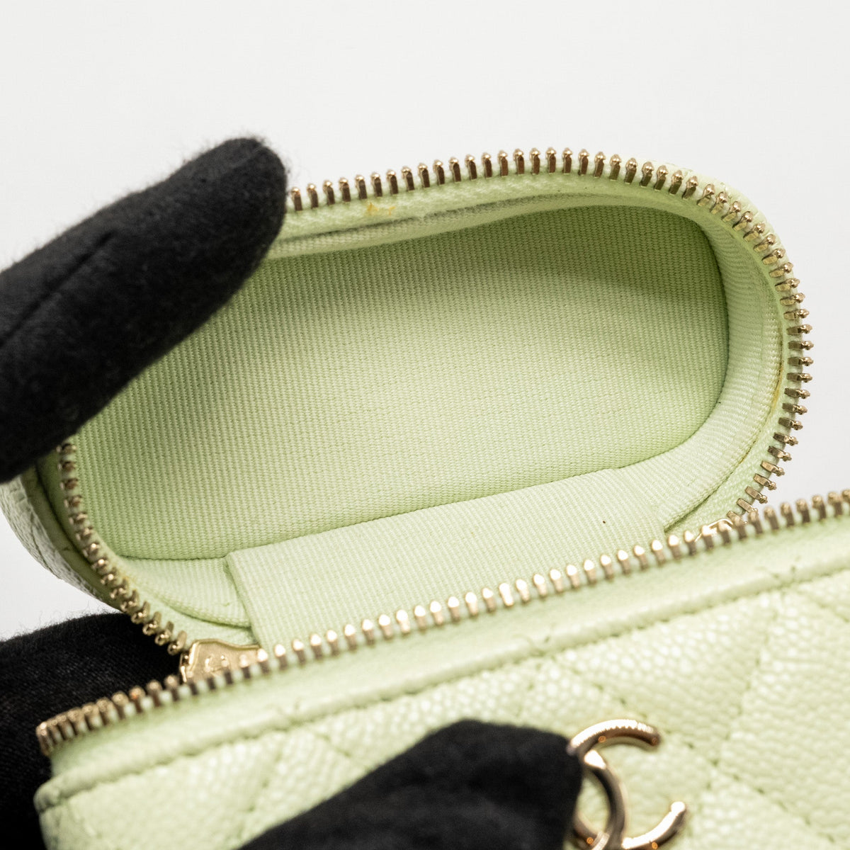 CHANEL MINI VERTICAL VANITY WITH CHAIN CAVIAR LIGHT GREEN LGHW