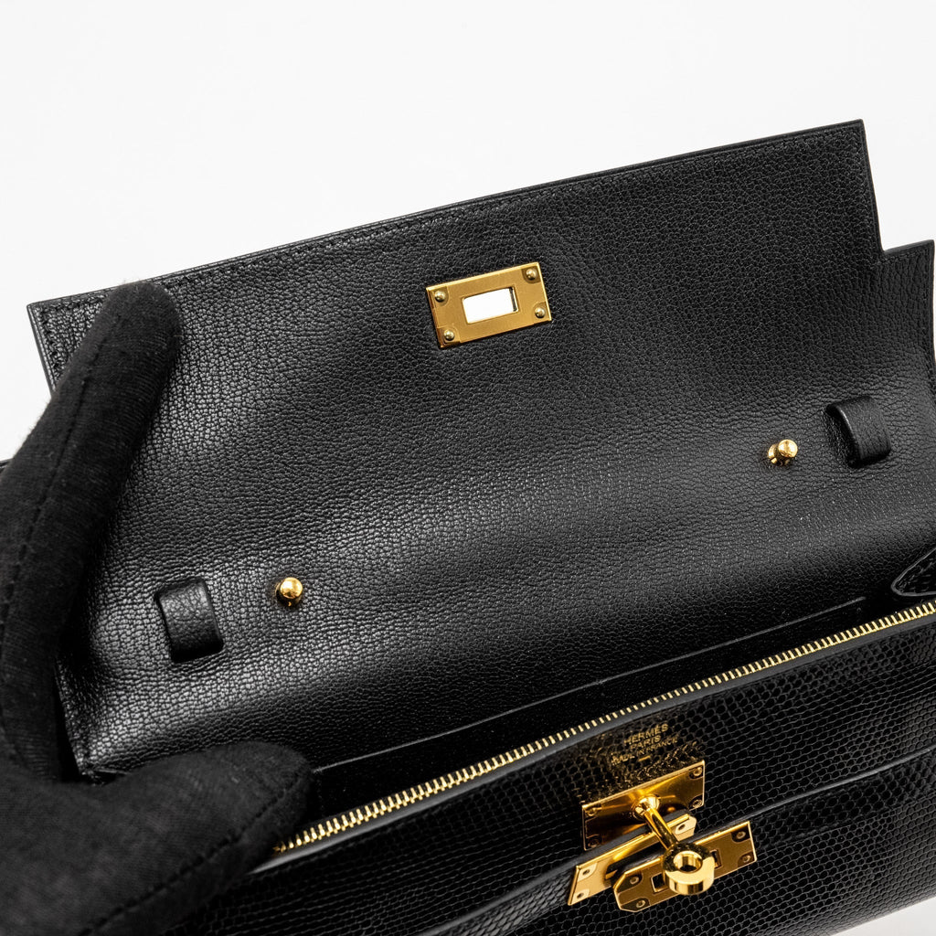 HERMES KELLY TO GO LIZARD NILOTICUS LISSE BLACK GHW