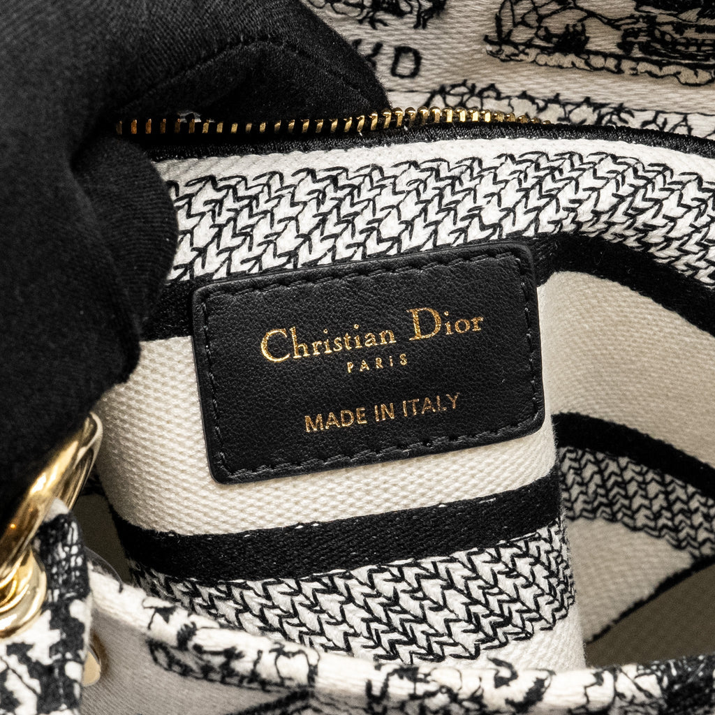 DIOR MEDIUM LADY D-LITE BAG PLAN DE PARIS EMBROIDERY CANVAS BLACK/WHITE LGHW