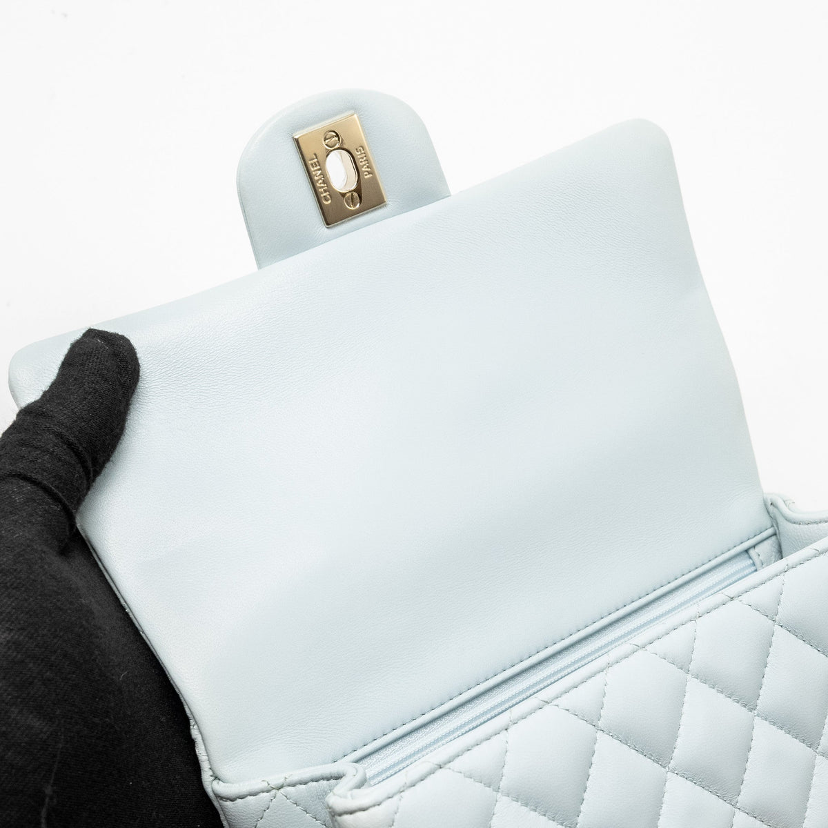 CHANEL TOP HANDLE MINI RECTANGULAR FLAP BAG LAMBSKIN LIGHT BLUE LGHW (MICROCHIP)
