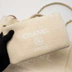CHANEL SMALL DEAUVILLE SHOPPING TOTE BAG CALFSKIN/FABRIC LIGHT BEIGE LGHW (MICROCHIP)